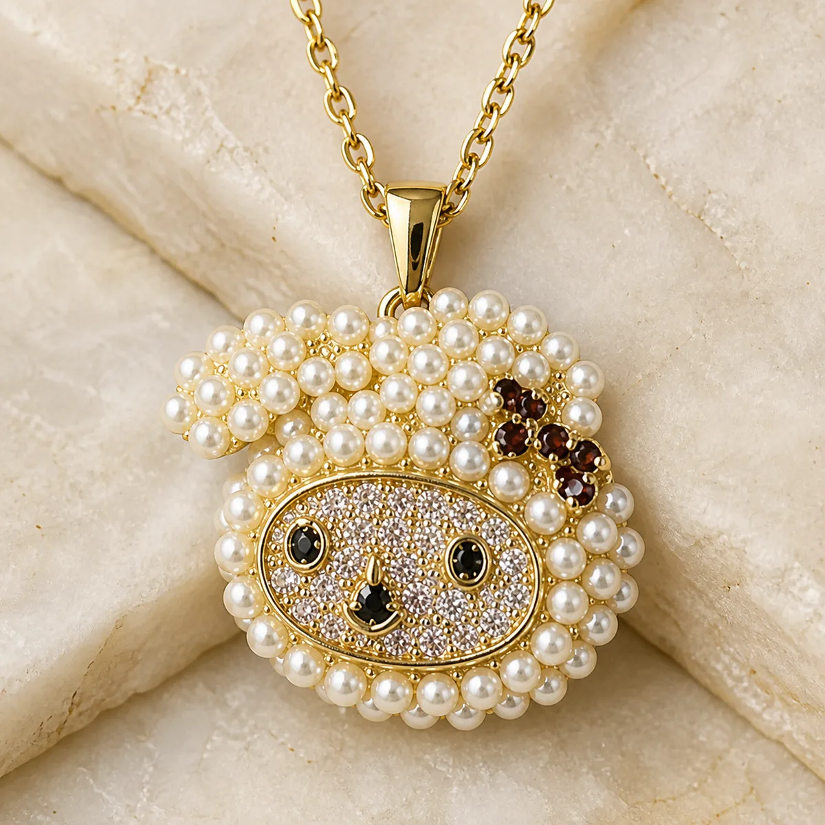 Gold Pearl Pave Cute Animal Face Pendant Necklace — view 2