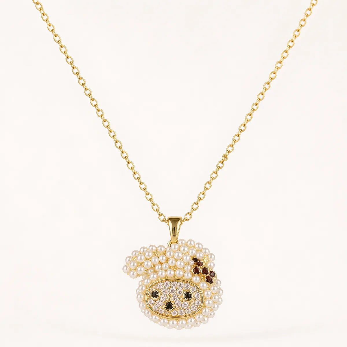 Gold Pearl Pave Cute Animal Face Pendant Necklace — view 1