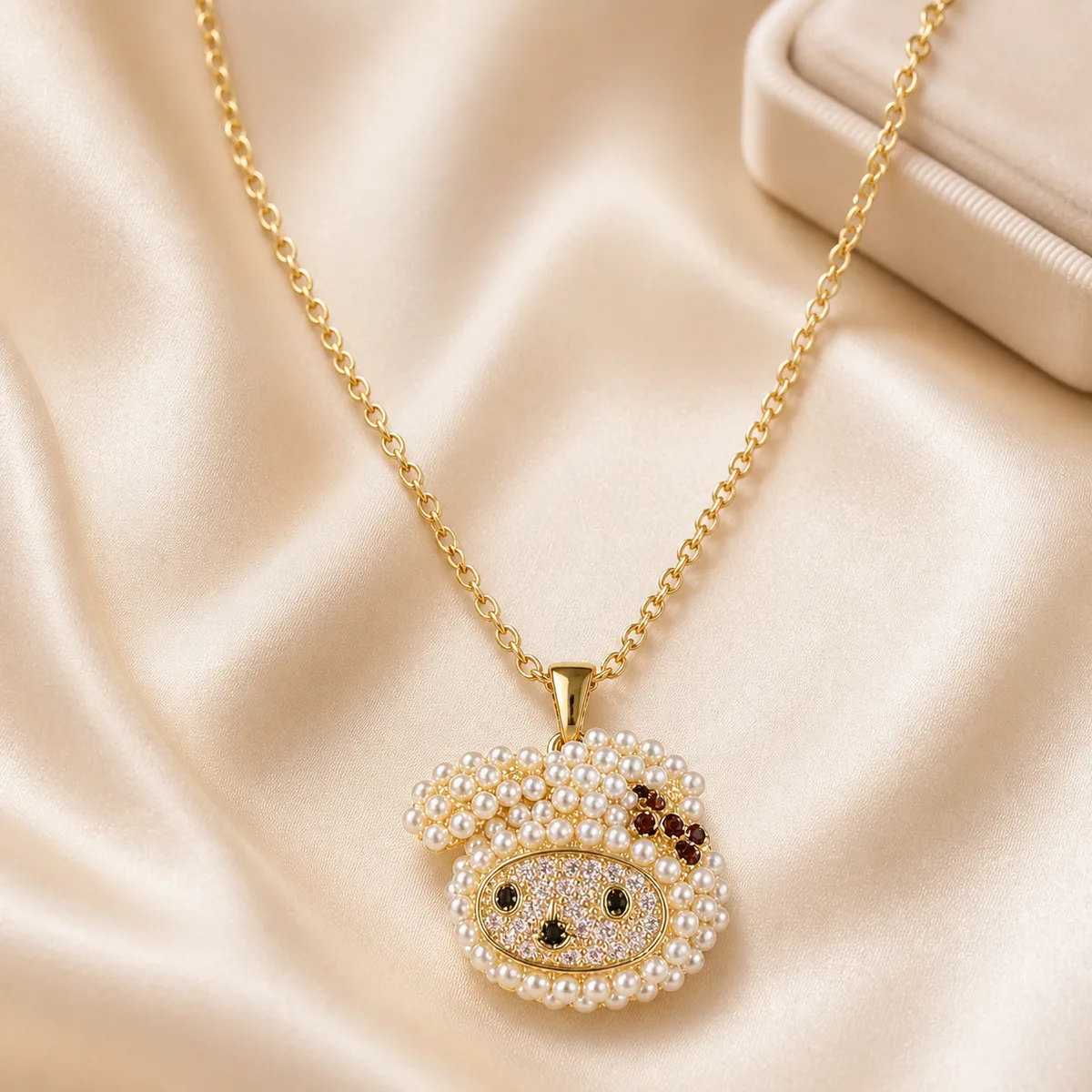 Gold Pearl Pave Cute Animal Face Pendant Necklace — view 3