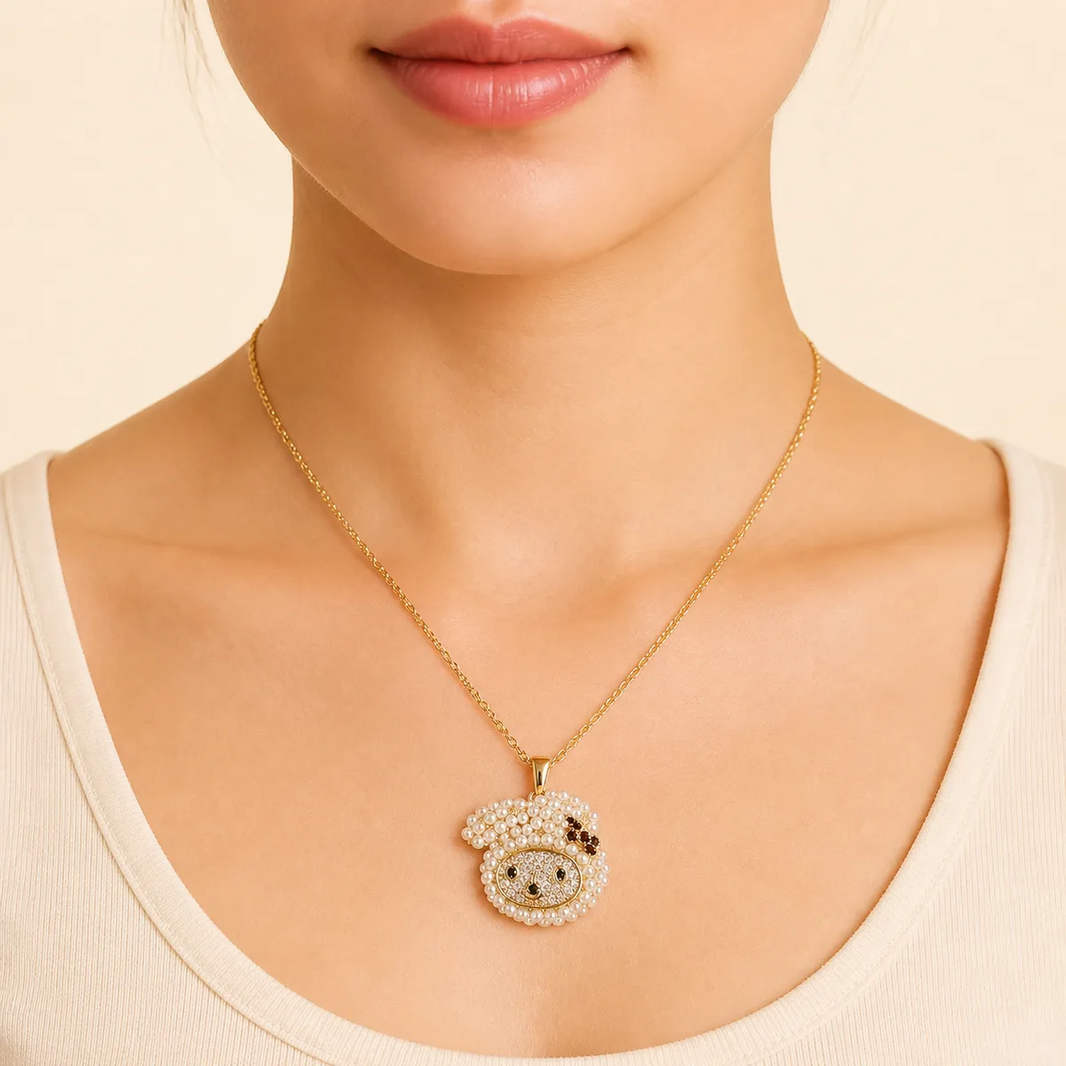 Gold Pearl Pave Cute Animal Face Pendant Necklace — view 4