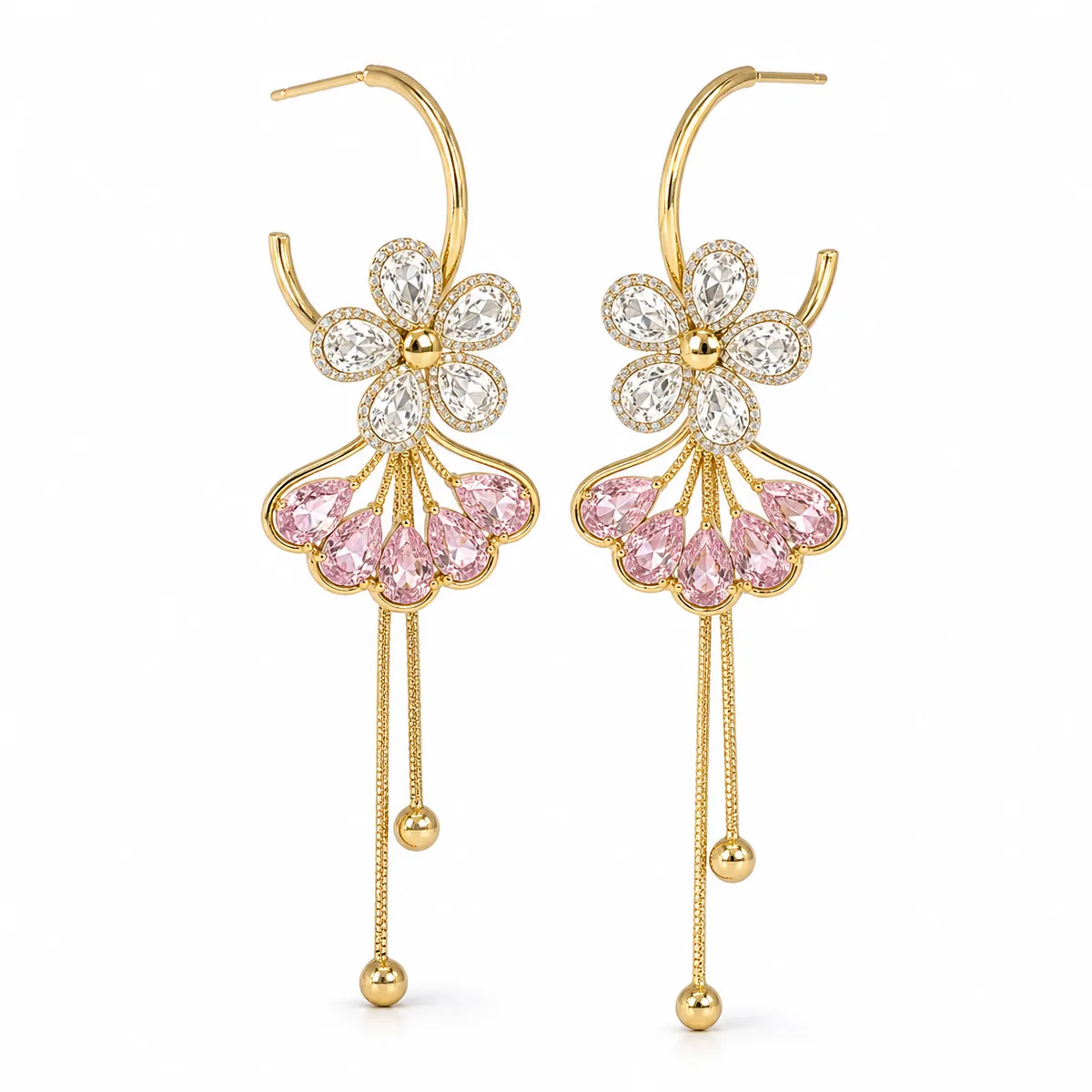 Gold Pink Crystal Flower Fan 3 in 1 Earrings — view 1