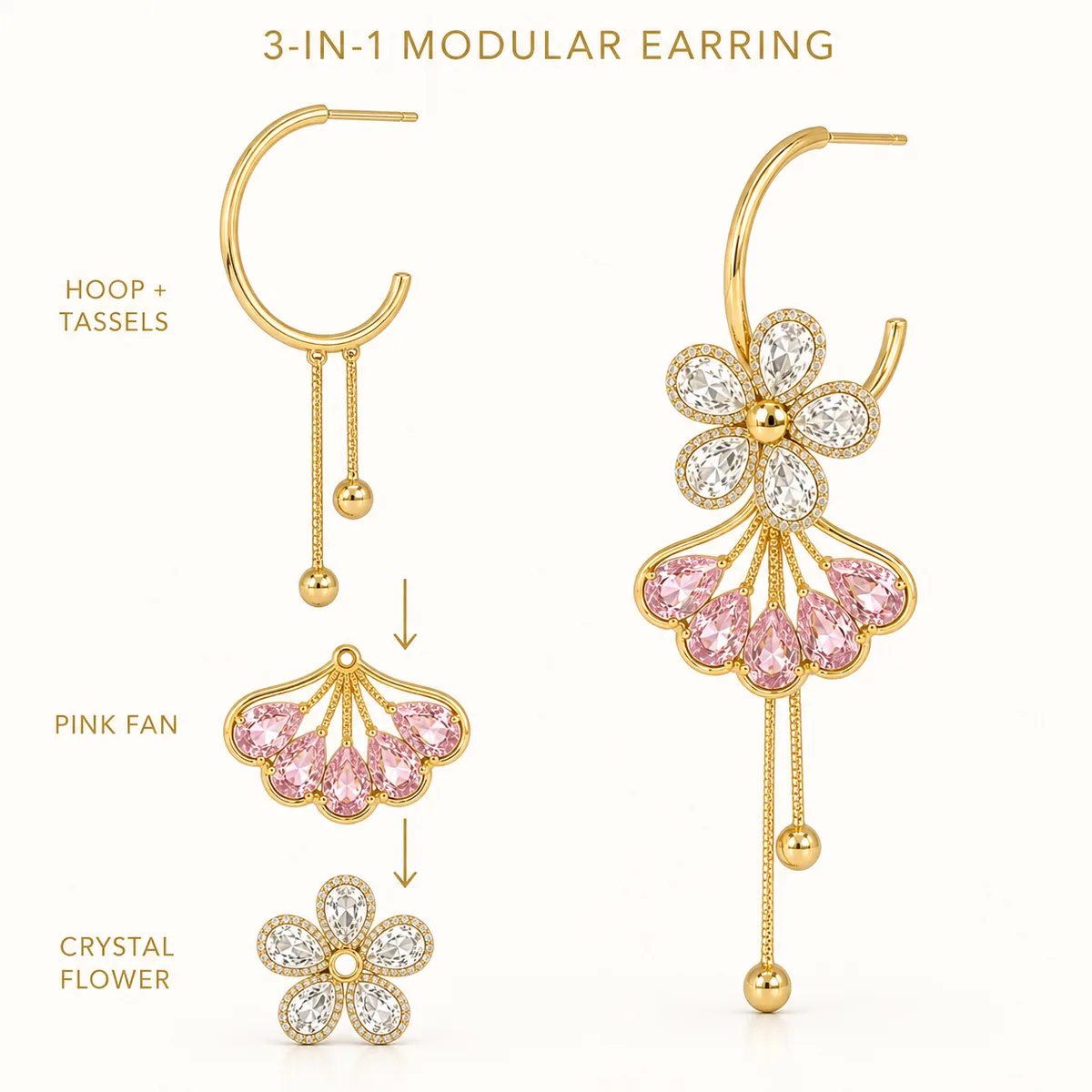 Gold Pink Crystal Flower Fan 3 in 1 Earrings — view 2