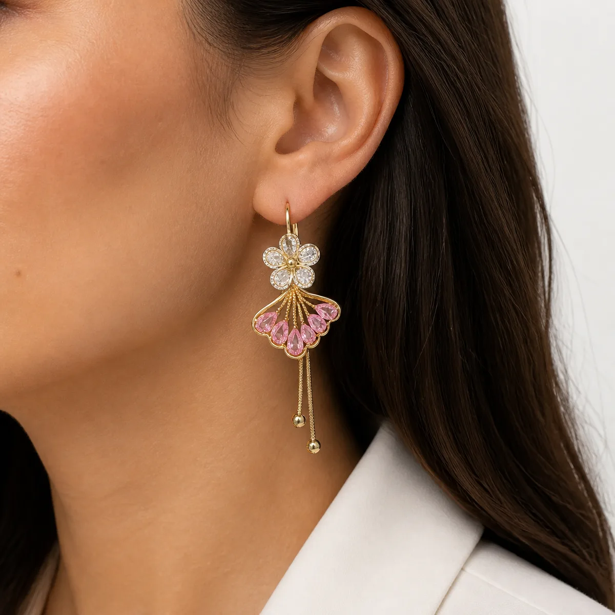 Gold Pink Crystal Flower Fan 3 in 1 Earrings — view 4