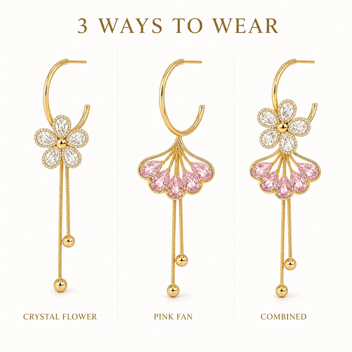 Gold Pink Crystal Flower Fan 3 in 1 Earrings — view 3