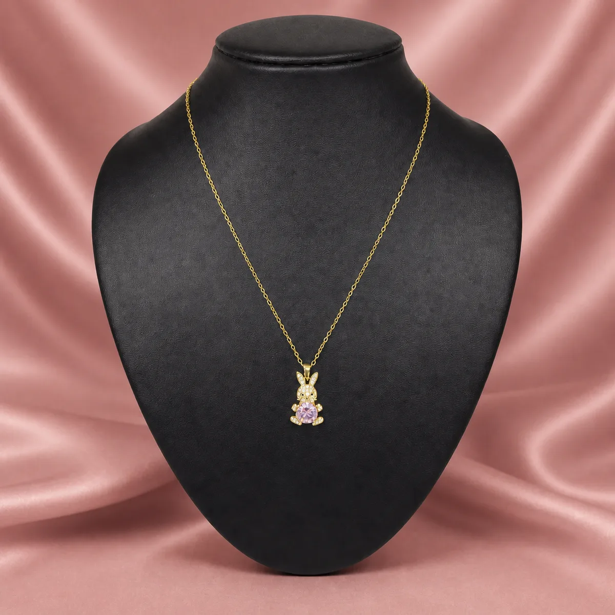 Gold Pink Crystal Rabbit Pendant Necklace — view 3