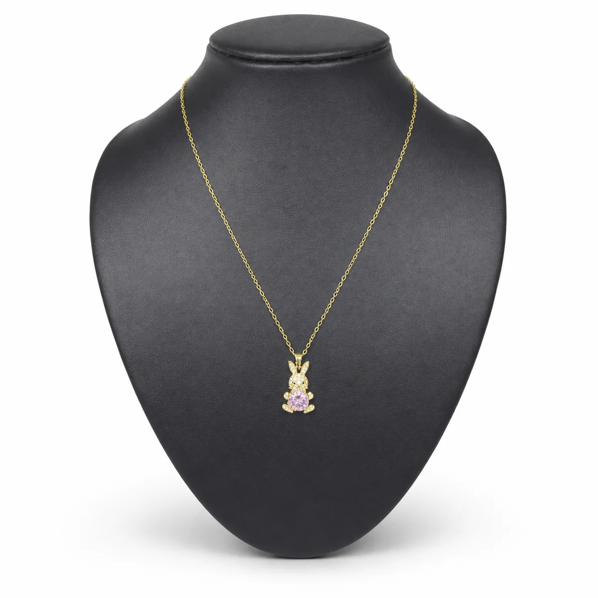 Gold Pink Crystal Rabbit Pendant Necklace — view 1