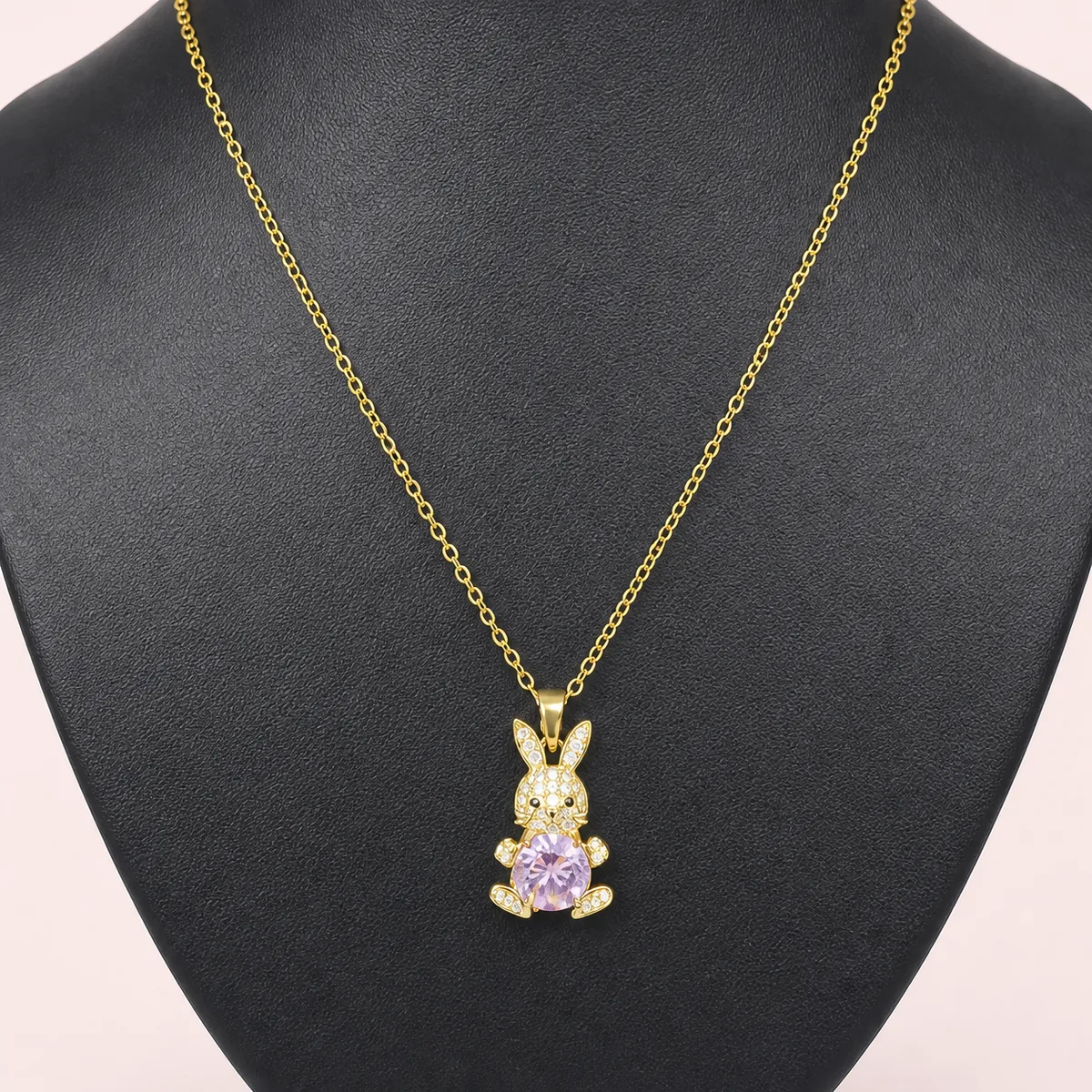 Gold Pink Crystal Rabbit Pendant Necklace — view 2