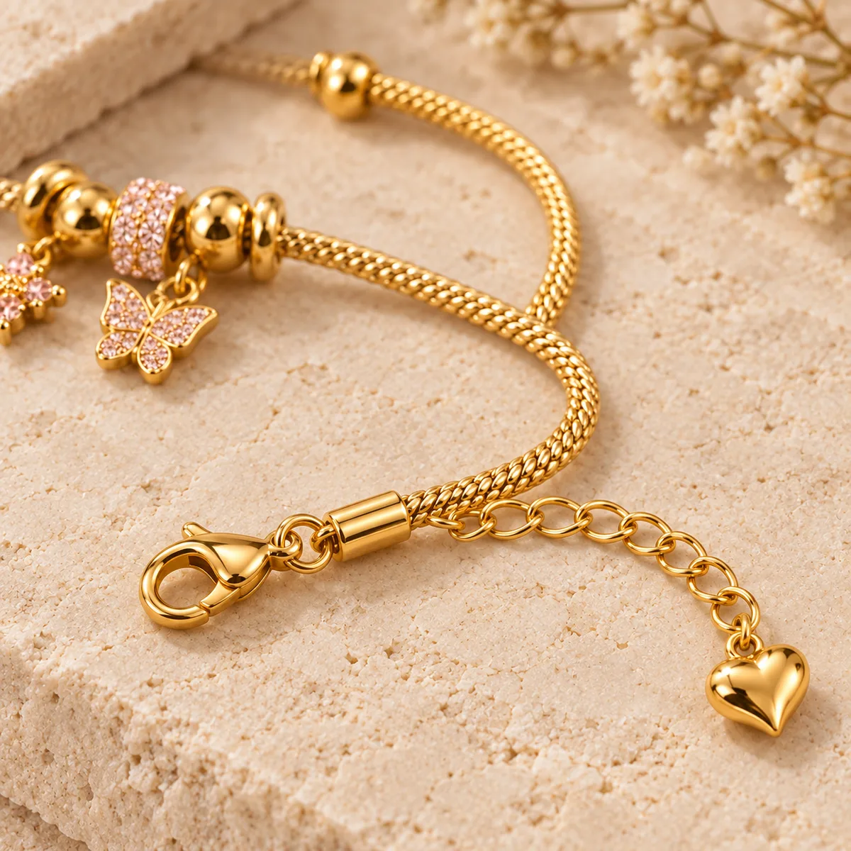 Gold Pink Pave Butterfly Flower Charm Bracelet — view 3