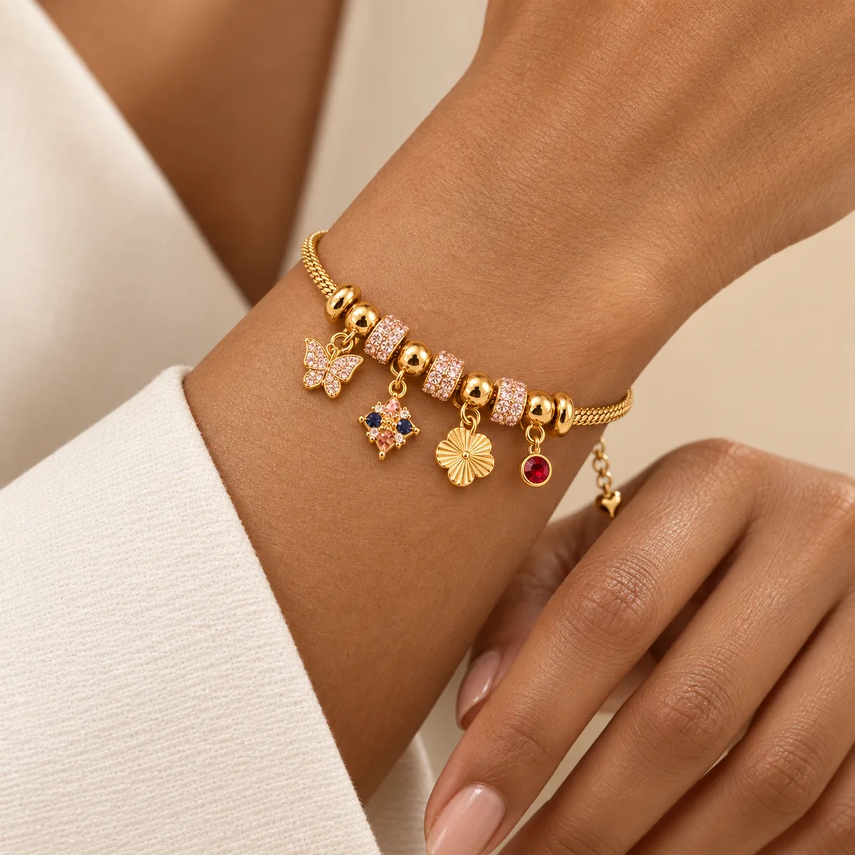 Gold Pink Pave Butterfly Flower Charm Bracelet — view 4