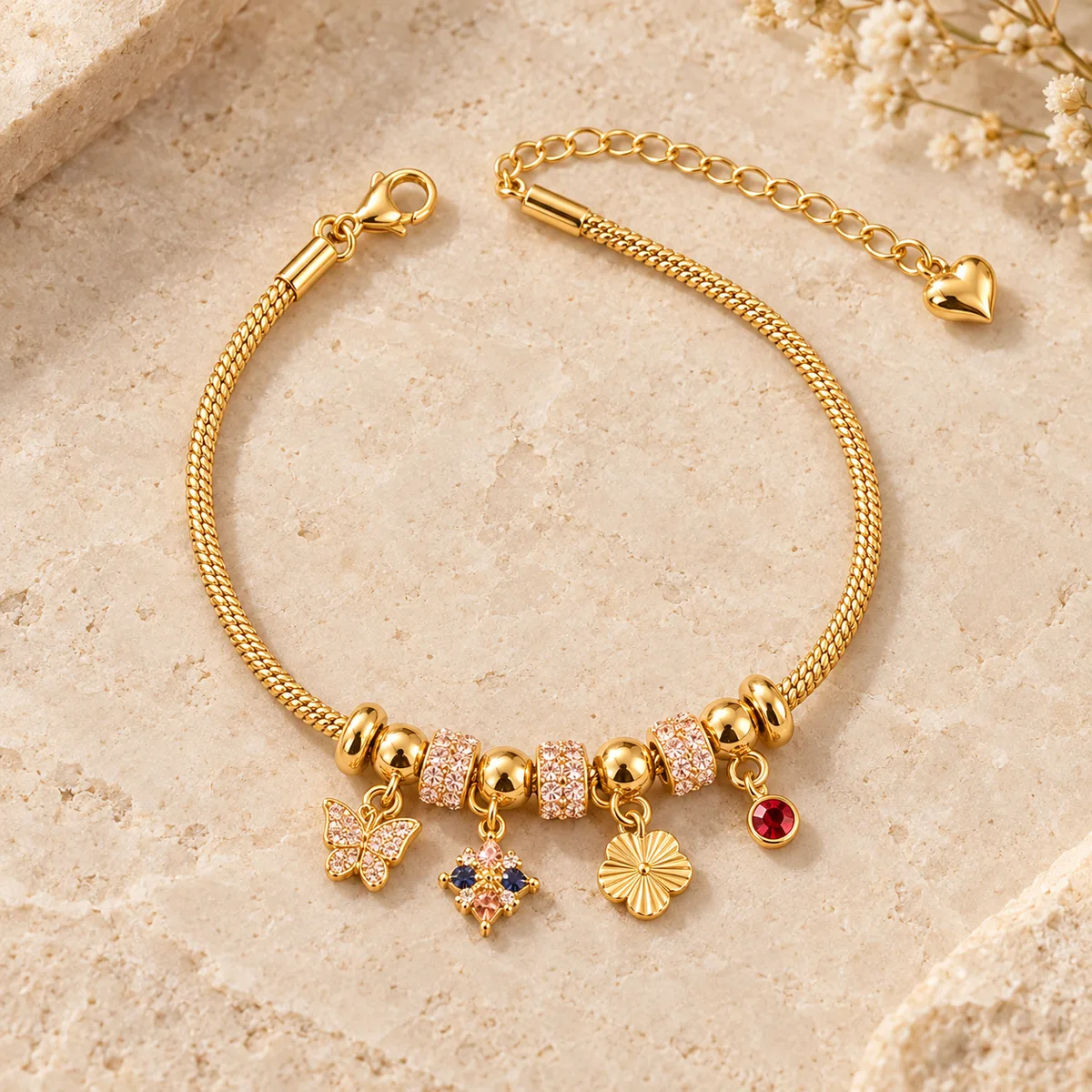Gold Pink Pave Butterfly Flower Charm Bracelet — view 1