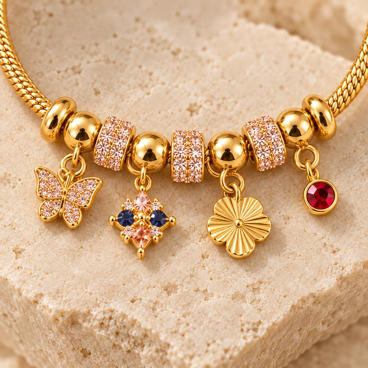 Gold Pink Pave Butterfly Flower Charm Bracelet — view 2