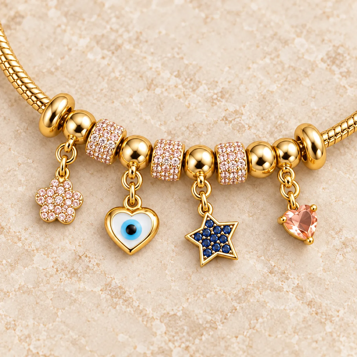 Gold Pink Pave Evil Eye Star Charm Bracelet — view 2
