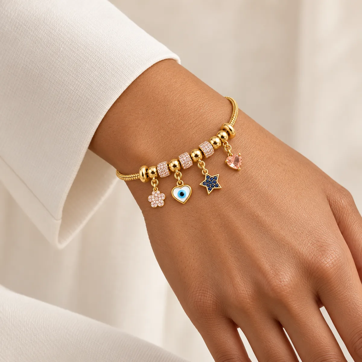 Gold Pink Pave Evil Eye Star Charm Bracelet — view 4