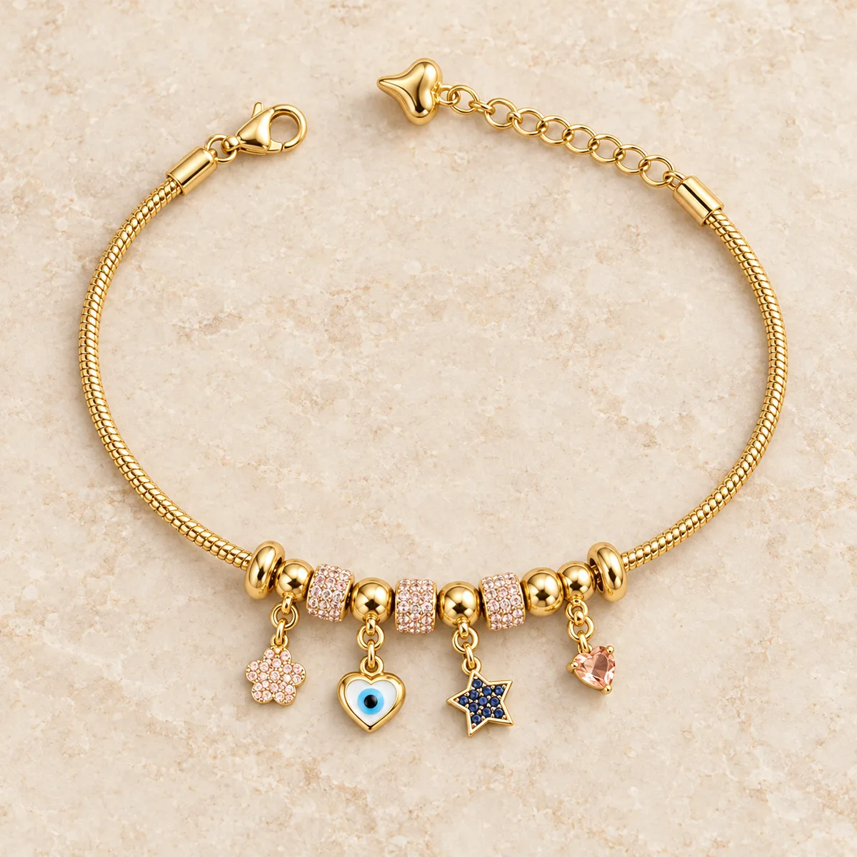 Gold Pink Pave Evil Eye Star Charm Bracelet — view 1