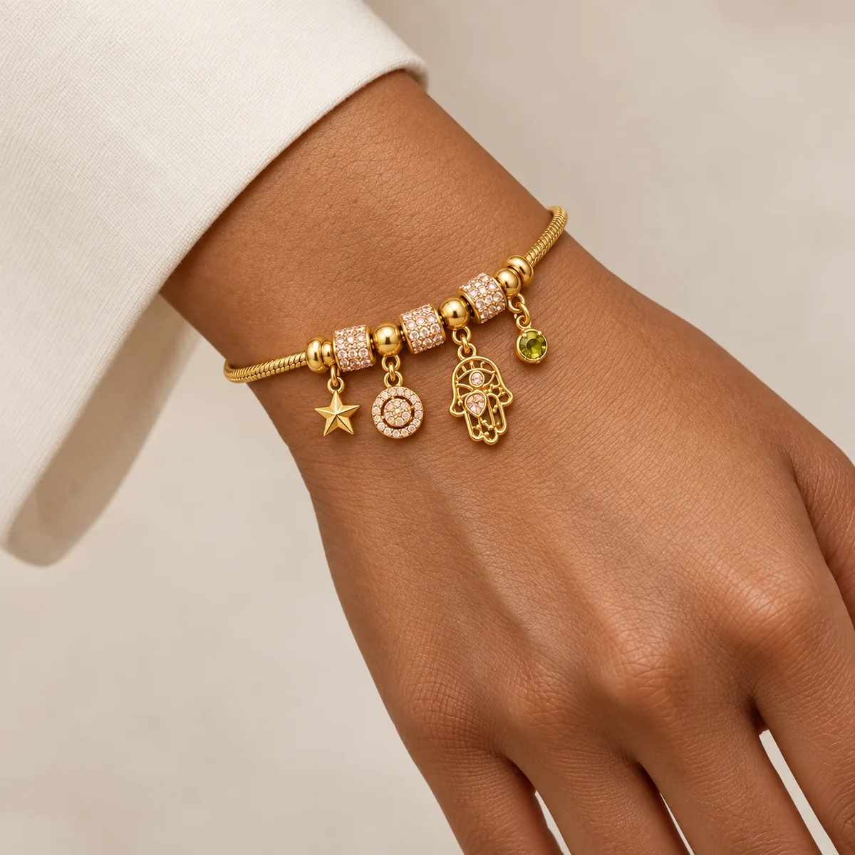 Gold Pink Pave Hamsa Medallion Charm Bracelet — view 4