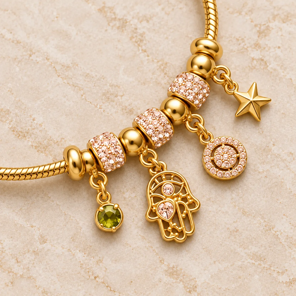 Gold Pink Pave Hamsa Medallion Charm Bracelet — view 2