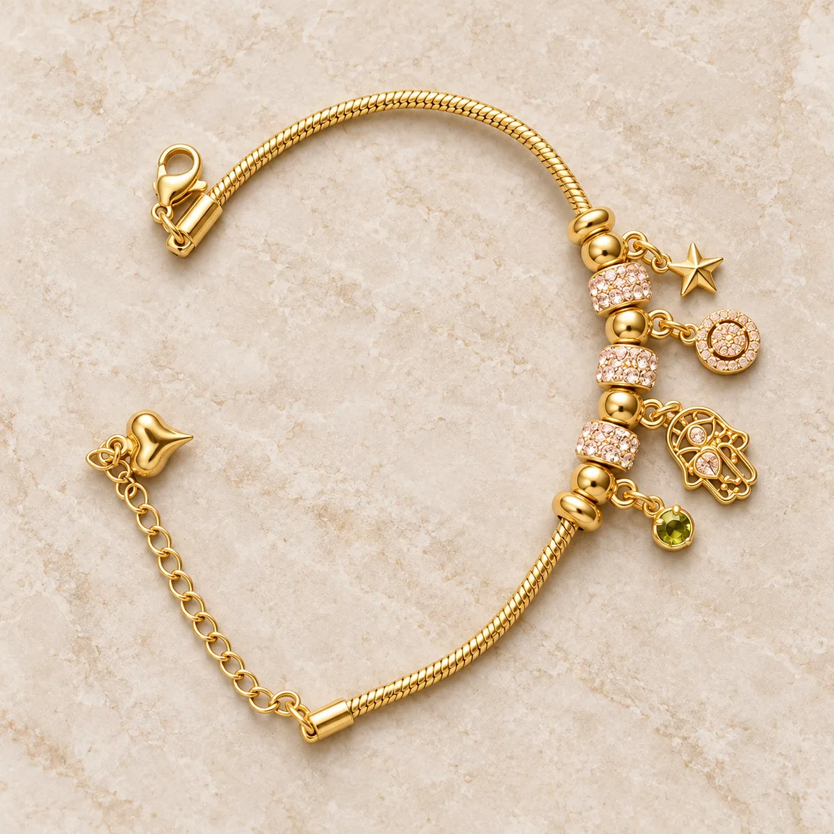 Gold Pink Pave Hamsa Medallion Charm Bracelet — view 1