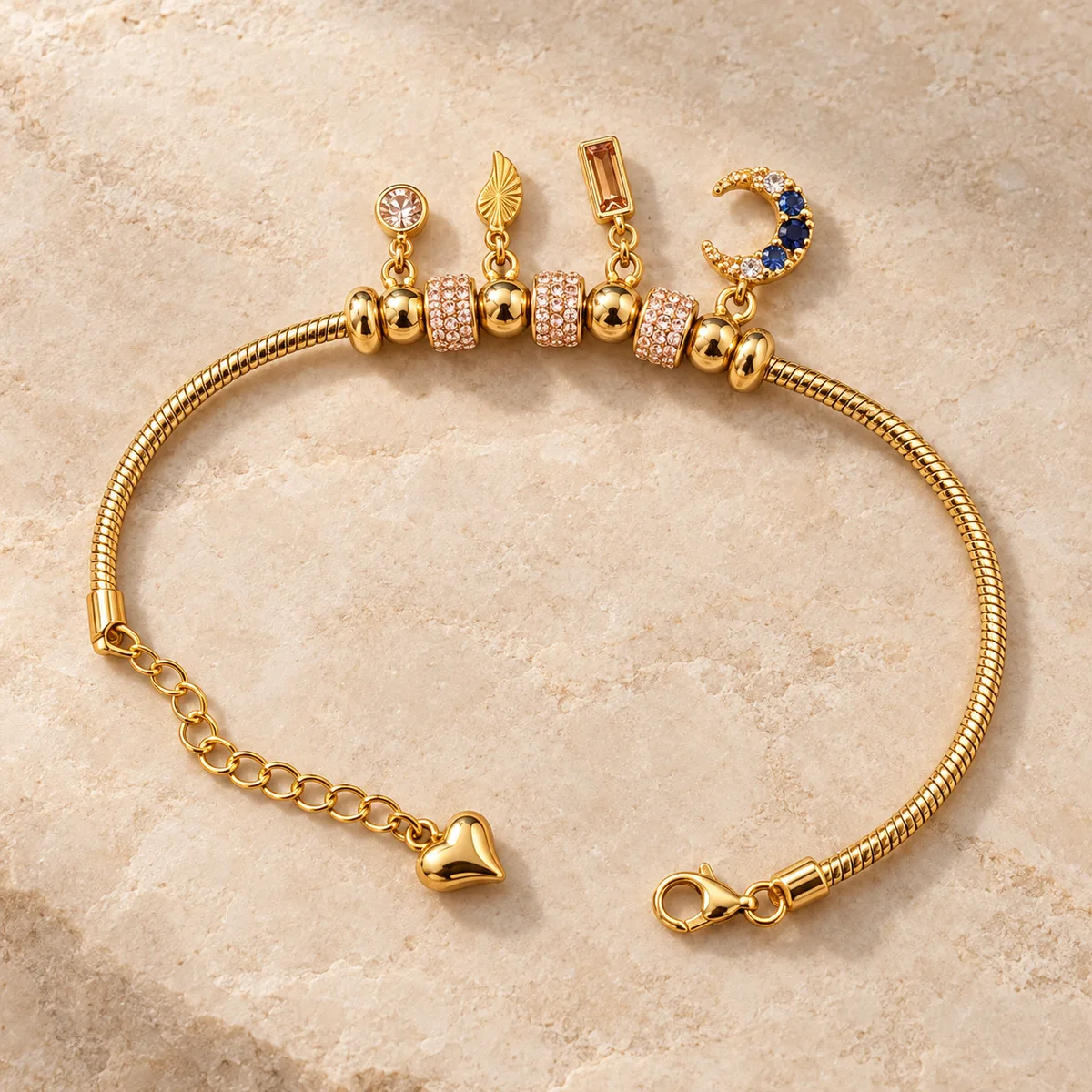 Gold Pink Pave Moon Charm Snake Chain Bracelet — view 1
