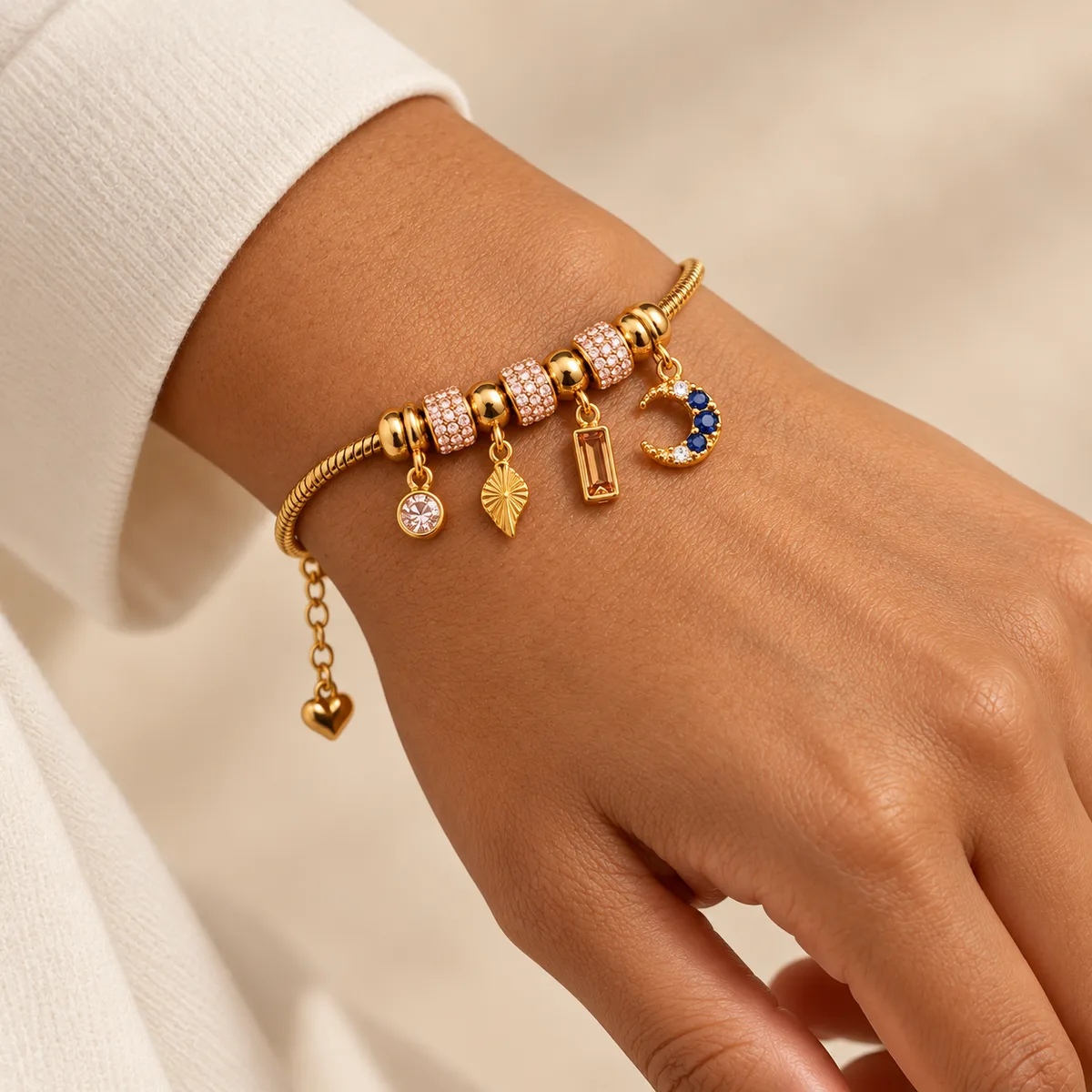 Gold Pink Pave Moon Charm Snake Chain Bracelet — view 4