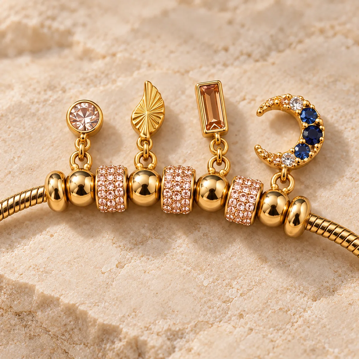 Gold Pink Pave Moon Charm Snake Chain Bracelet — view 2