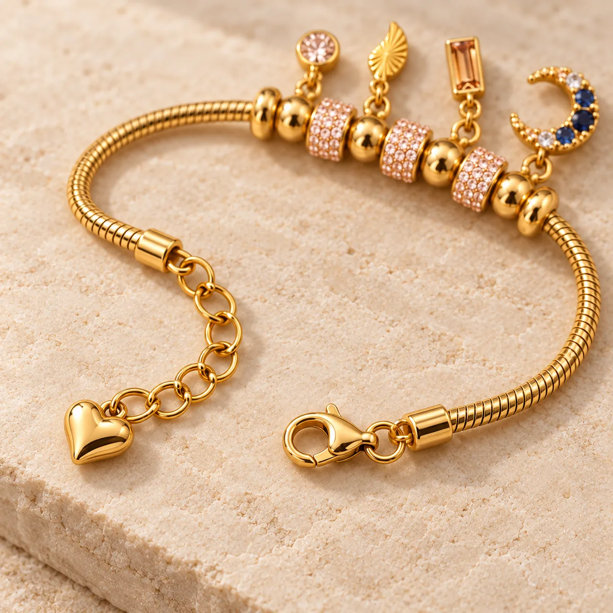 Gold Pink Pave Moon Charm Snake Chain Bracelet — view 3