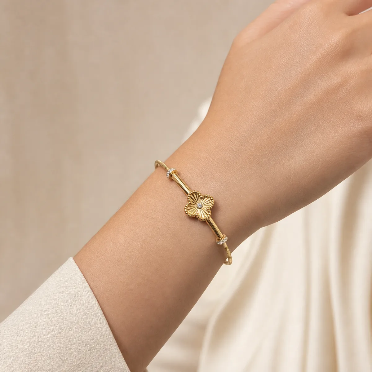 Gold Quatrefoil Flower Cable Locking Bangle — view 4