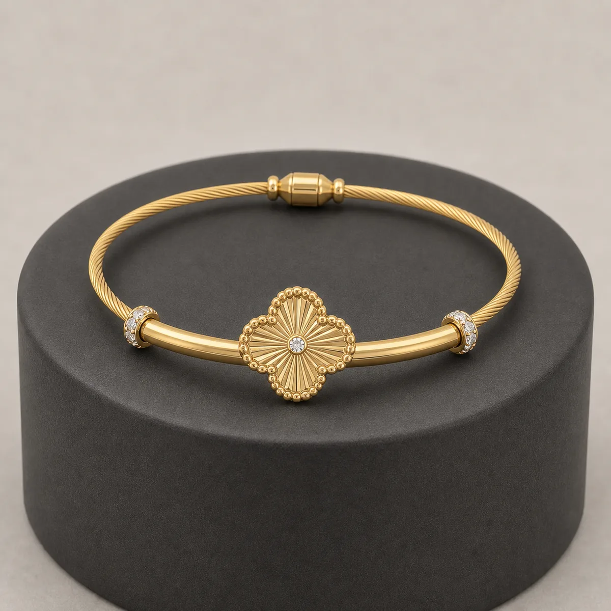 Gold Quatrefoil Flower Cable Locking Bangle — view 3