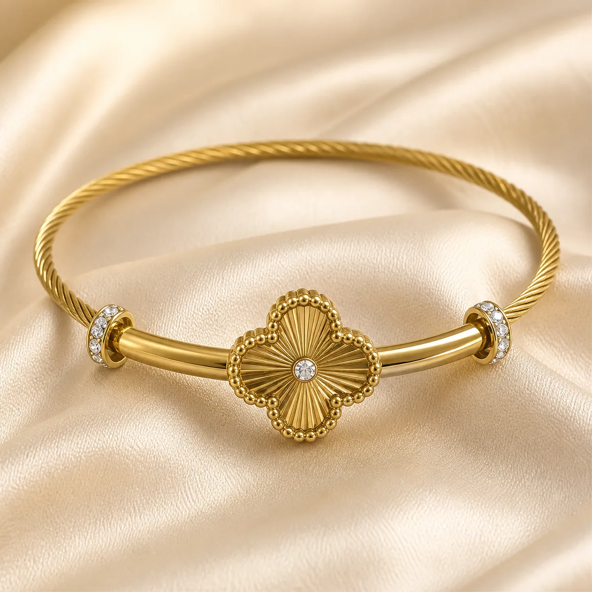Gold Quatrefoil Flower Cable Locking Bangle — view 2