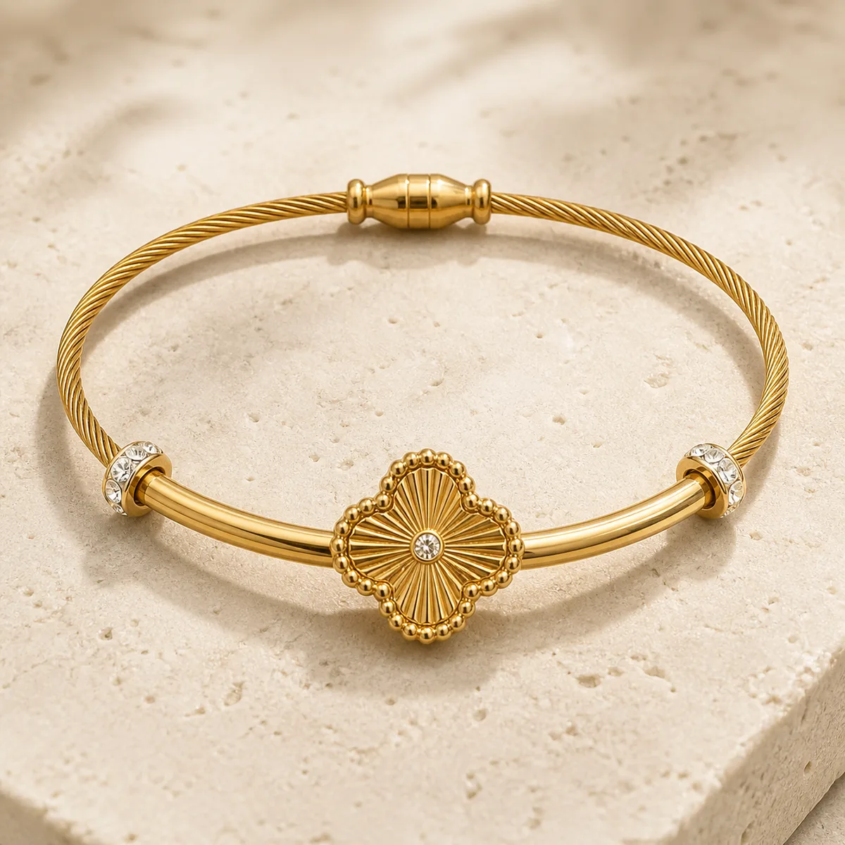 Gold Quatrefoil Flower Cable Locking Bangle — view 1