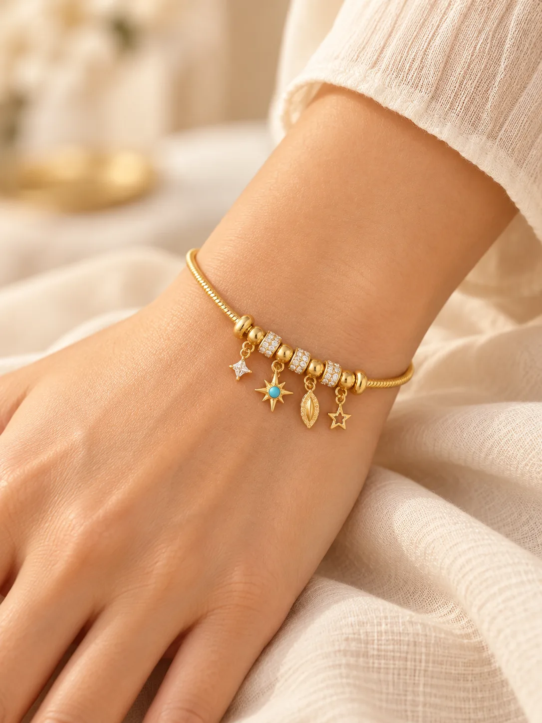 Gold Snake Chain Charm Bracelet Set — view 4