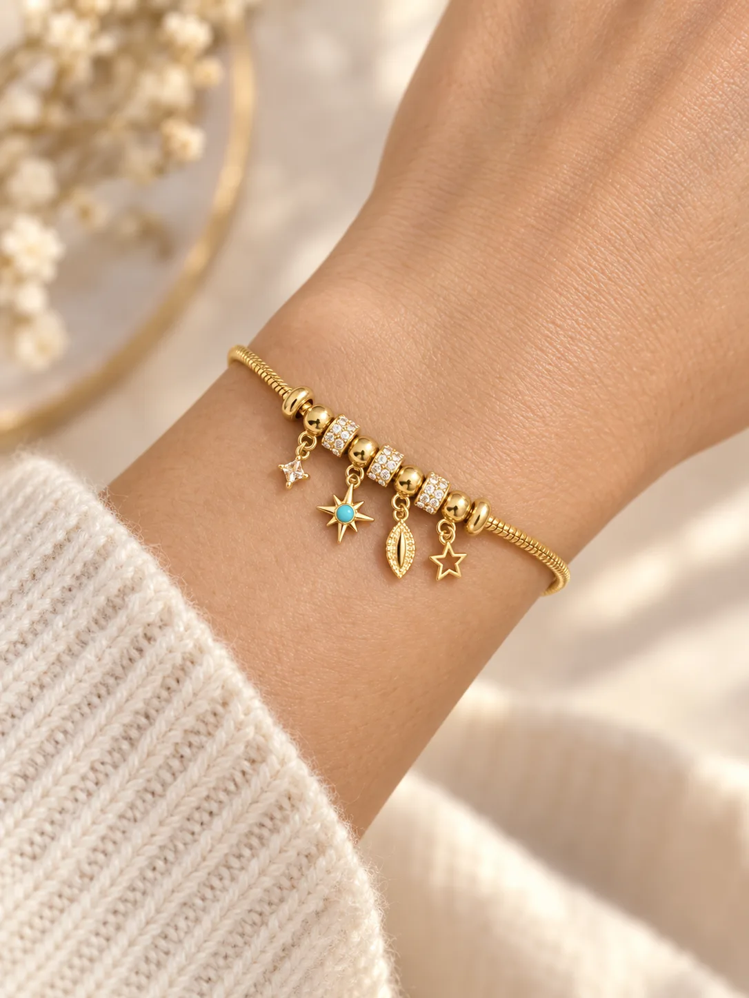 Gold Snake Chain Charm Bracelet Set — view 3