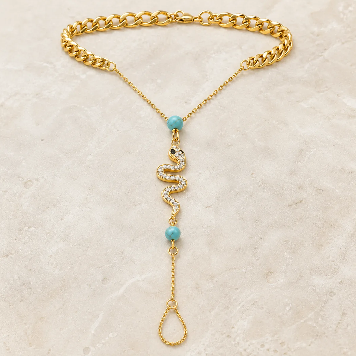 Gold Turquoise Crystal Snake Single Foot Anklet — view 3