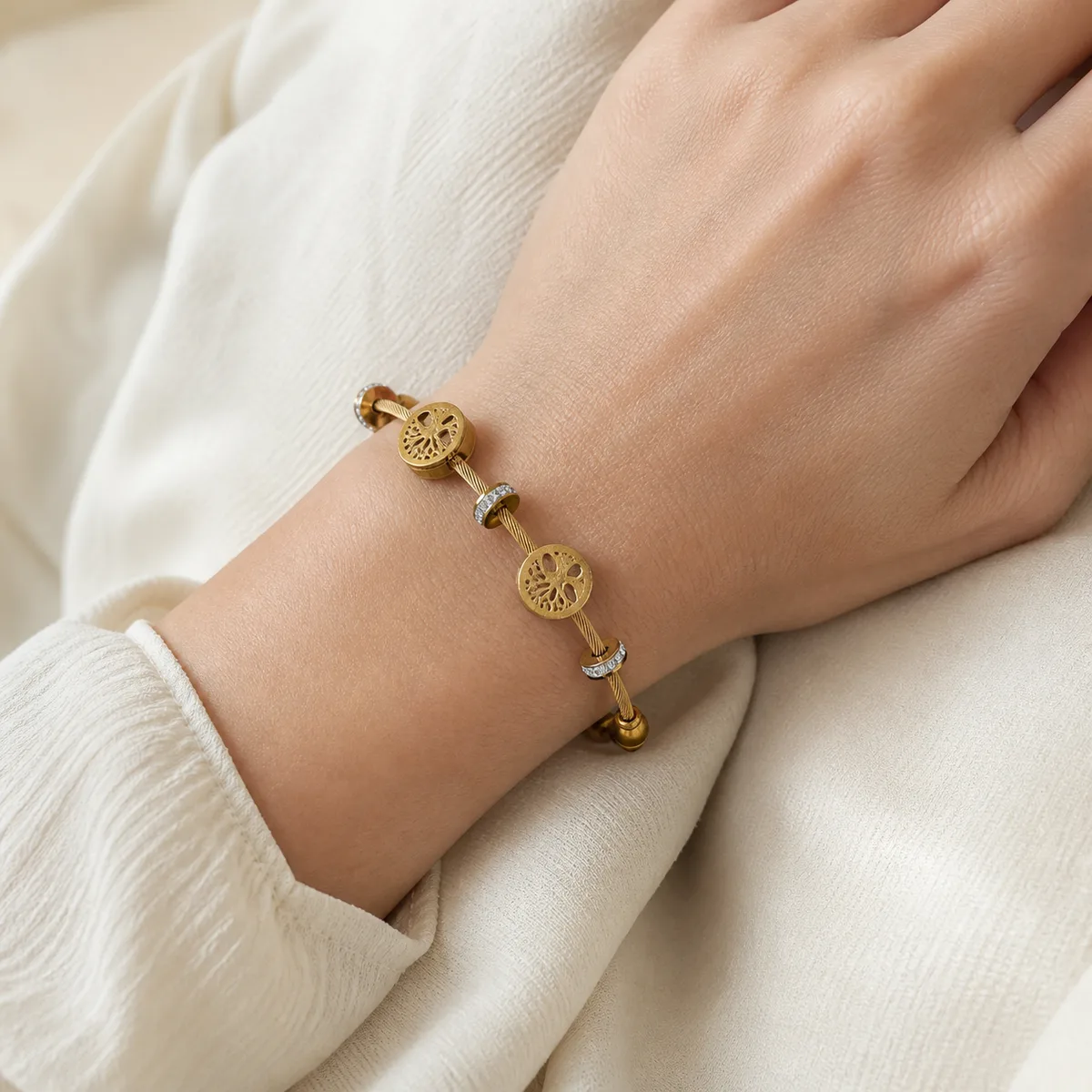 Gold Twisted Cable Three Disc Bracelet — view 4