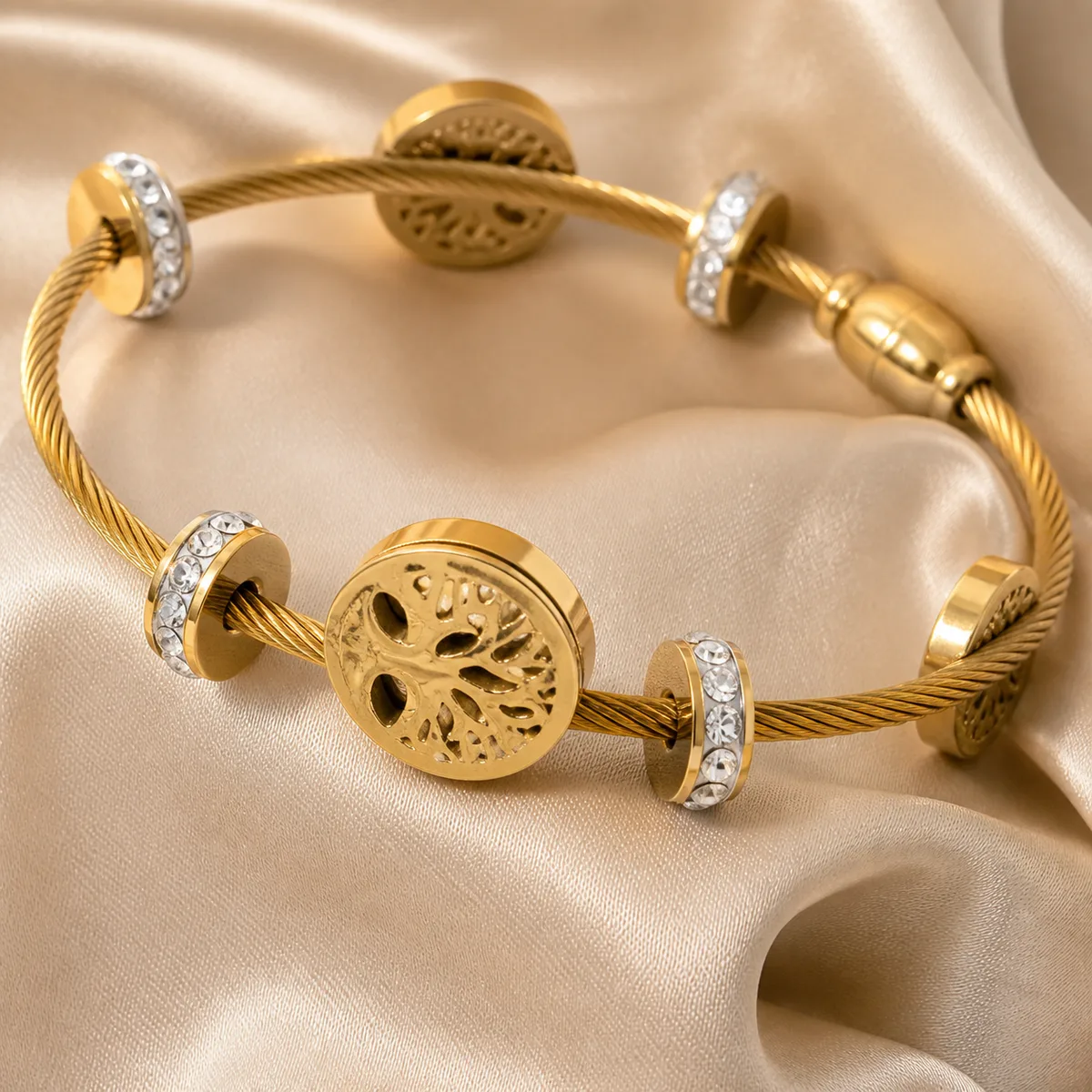 Gold Twisted Cable Three Disc Bracelet — view 2