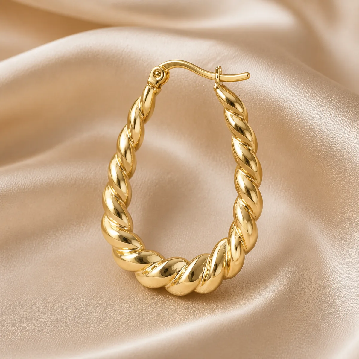 Gold Twisted Rope Teardrop Hoop Earrings — view 2