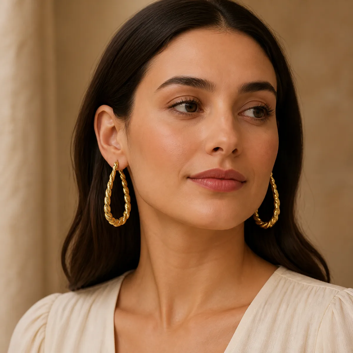Gold Twisted Rope Teardrop Hoop Earrings — view 4