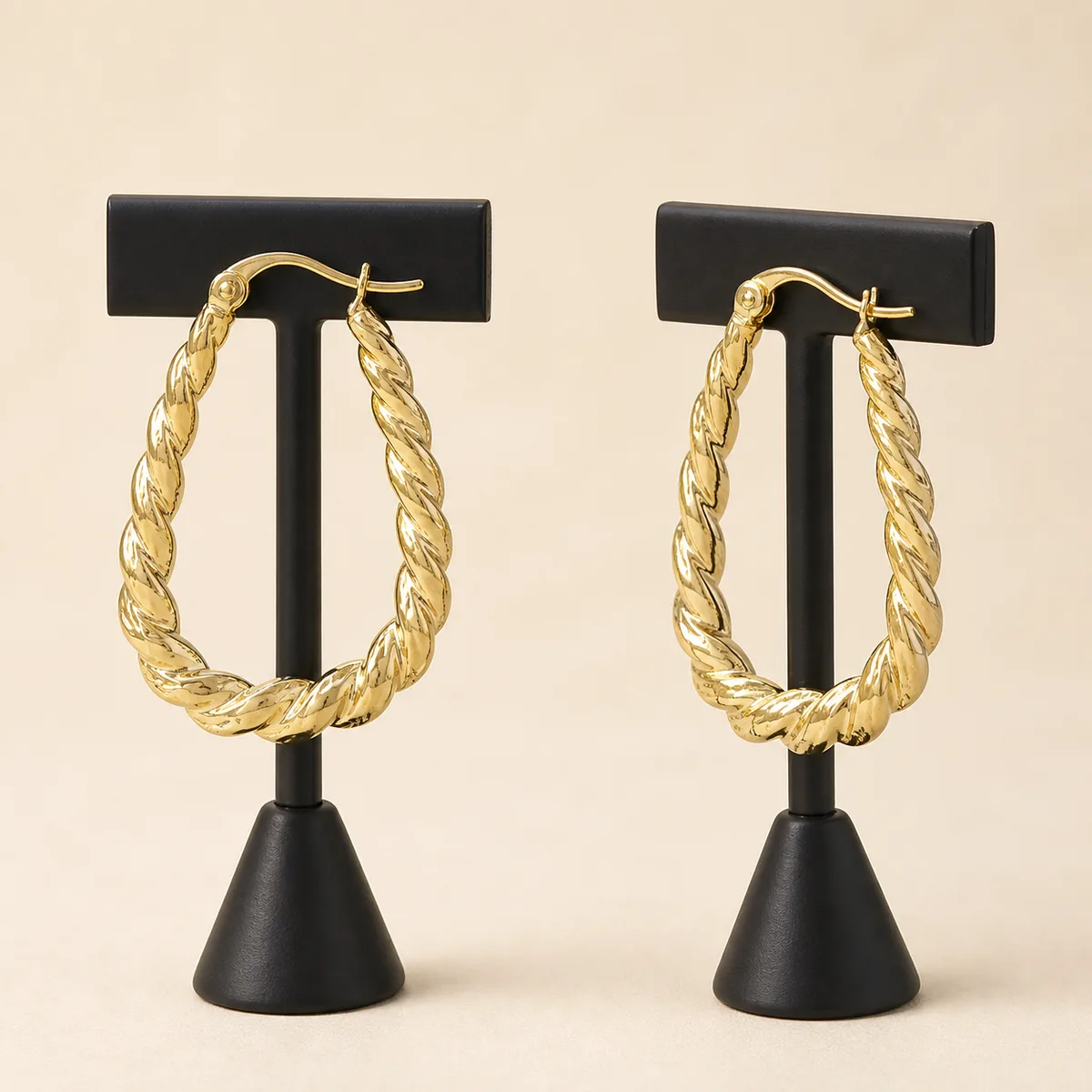 Gold Twisted Rope Teardrop Hoop Earrings — view 3