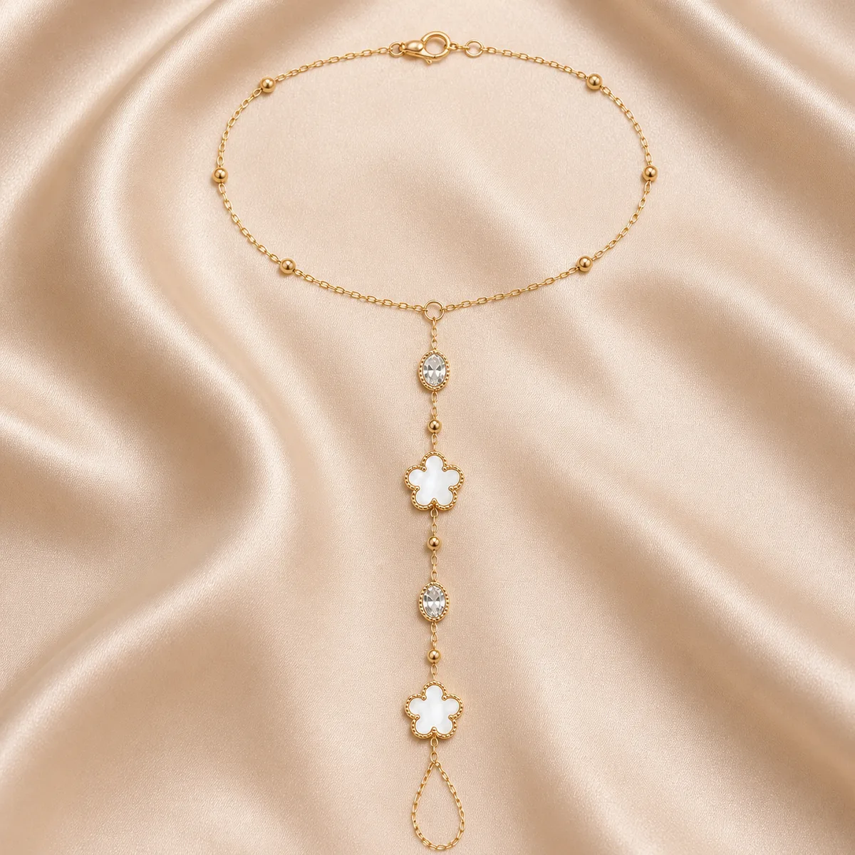 Gold White Flower Oval Crystal Single Foot Anklet — view 2