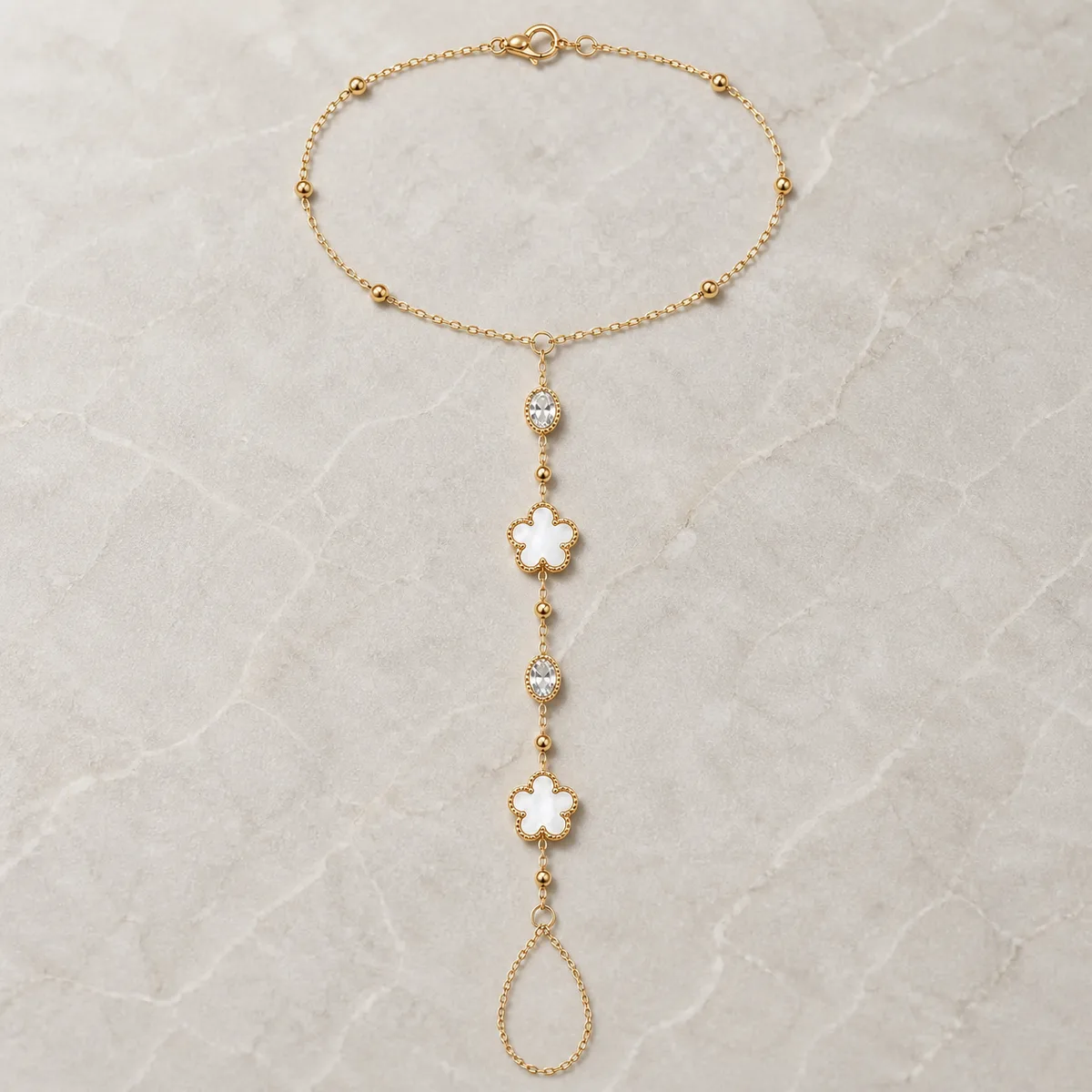 Gold White Flower Oval Crystal Single Foot Anklet — view 3