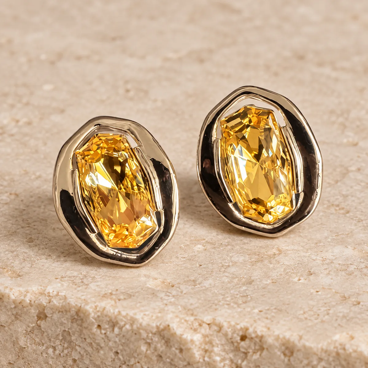 Golden Yellow Crystal Organic Bezel Stud Earrings — view 2