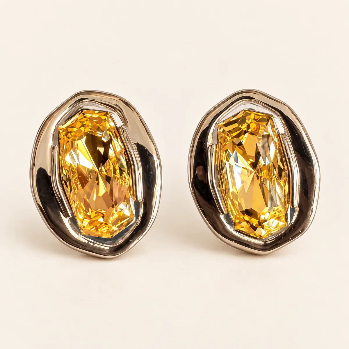 Golden Yellow Crystal Organic Bezel Stud Earrings — view 1