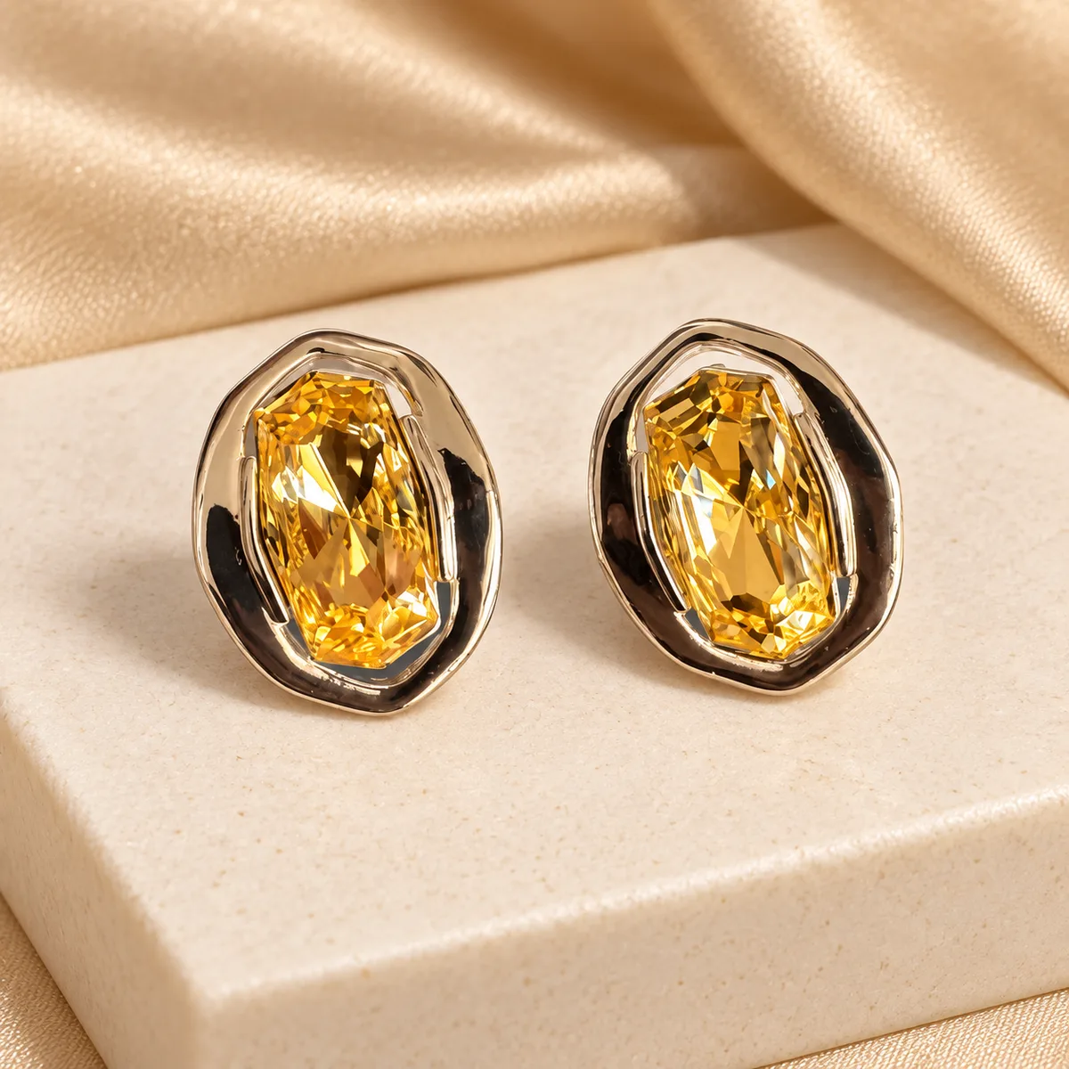 Golden Yellow Crystal Organic Bezel Stud Earrings