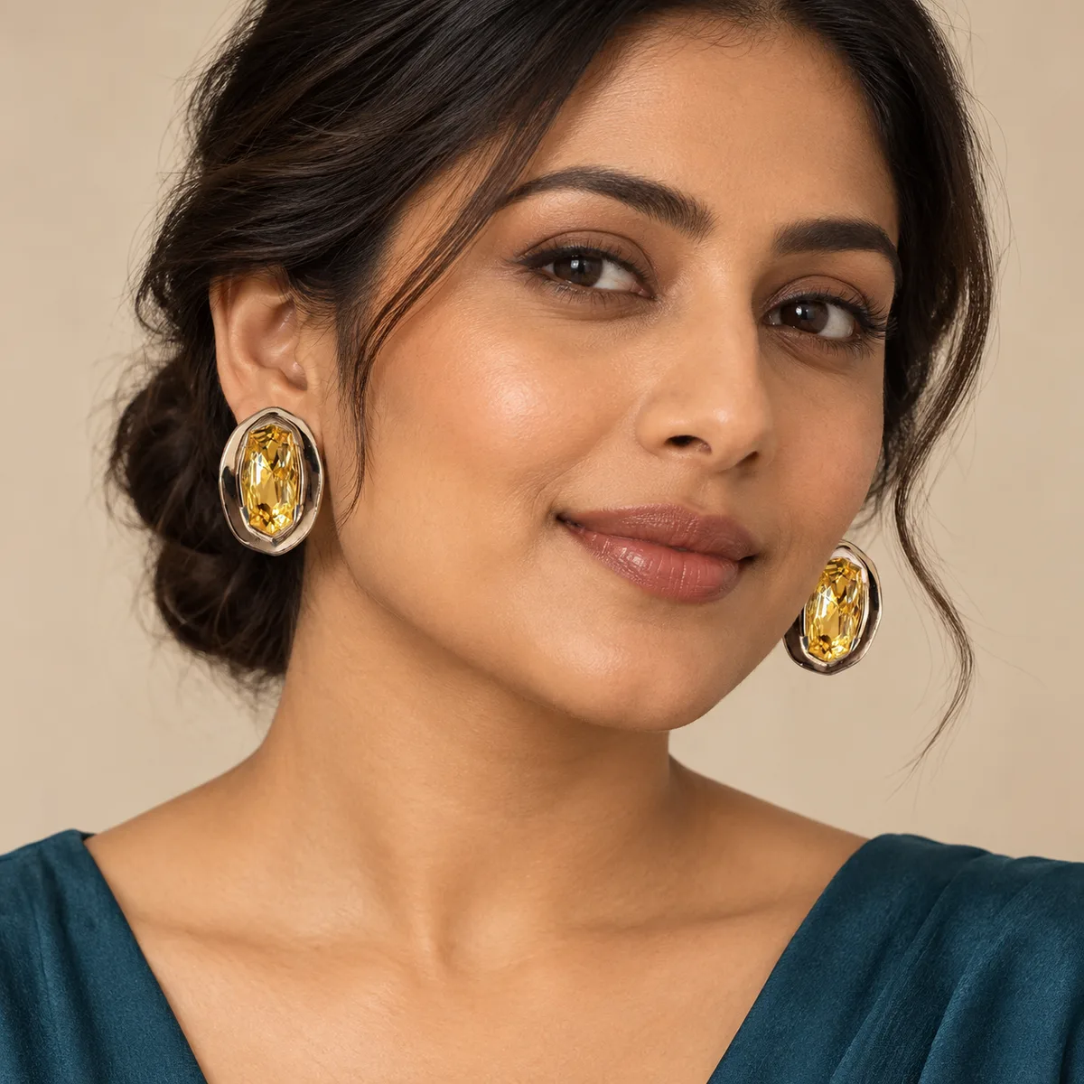 Golden Yellow Crystal Organic Bezel Stud Earrings — view 4