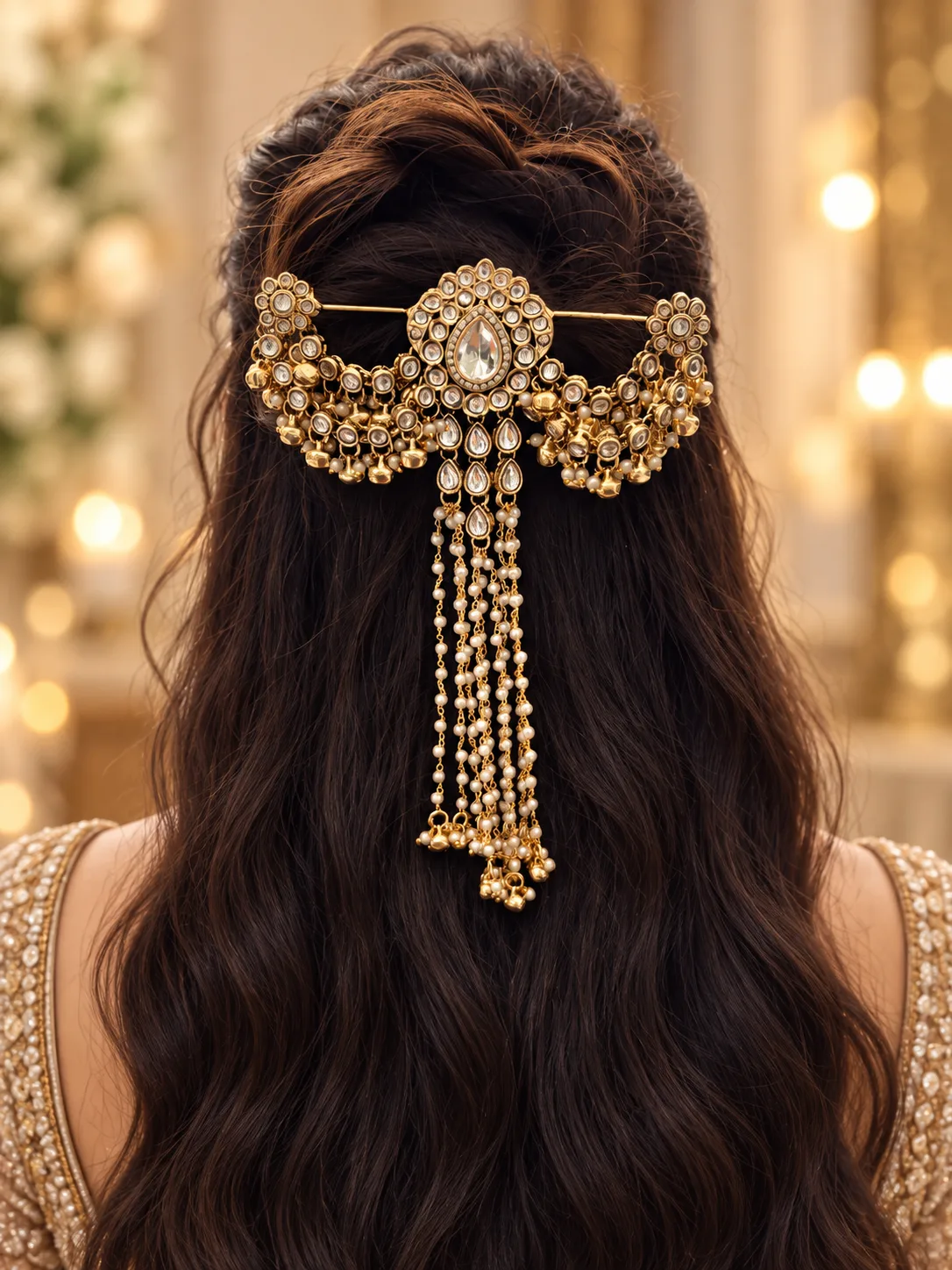 Kundan Pearl Cascade Hair Accessory Set — view 3