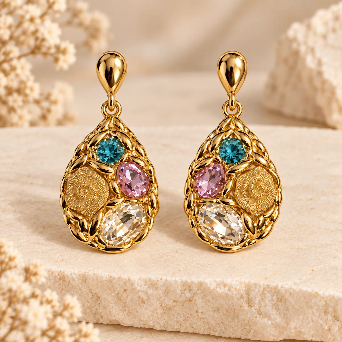 Multicolor Rose Teardrop Pendant Earring Set — view 3