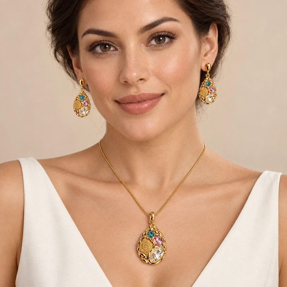 Multicolor Rose Teardrop Pendant Earring Set — view 4