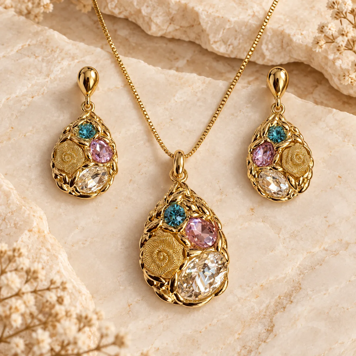 Multicolor Rose Teardrop Pendant Earring Set — view 1