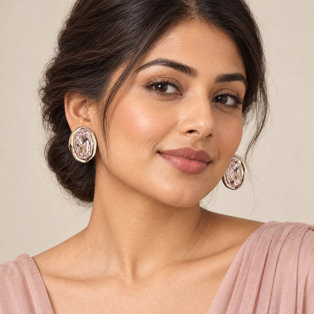 Pale Pink Crystal Organic Bezel Stud Earrings — view 4