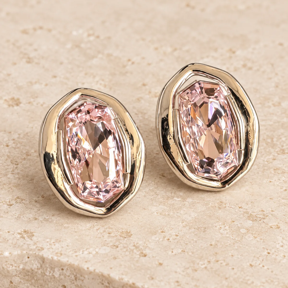 Pale Pink Crystal Organic Bezel Stud Earrings — view 2