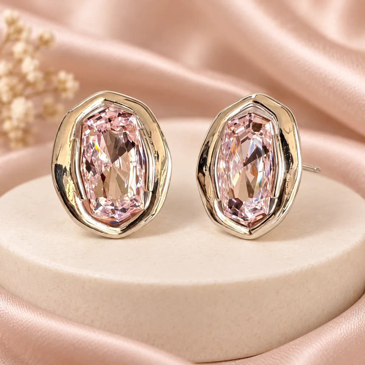Pale Pink Crystal Organic Bezel Stud Earrings — view 3